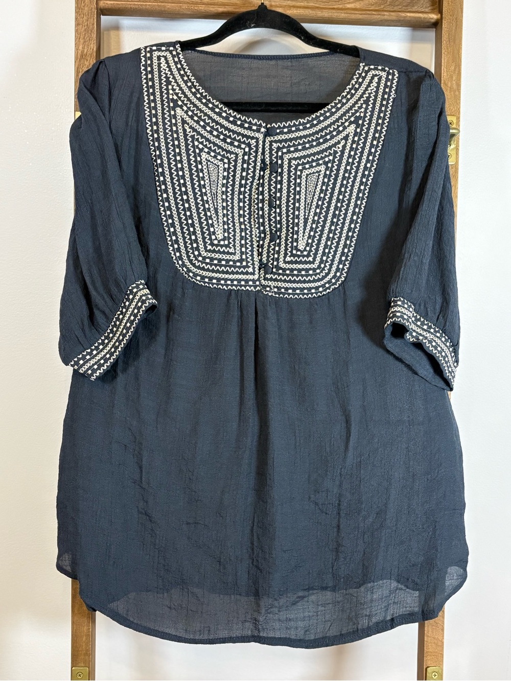 Navy Embroidered Tunic Top with Contrast Stitching